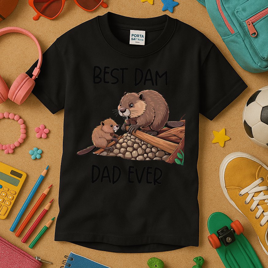 Best Dam Dad Funny Beaver Fathers Day Animal Pun Design Kids T-Shirt