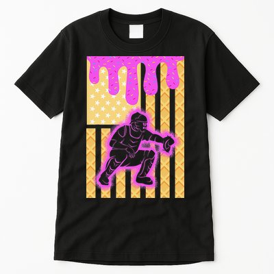 Baseball Drip Dripping Ice Cream Baseball American Flag Tall T-Shirt