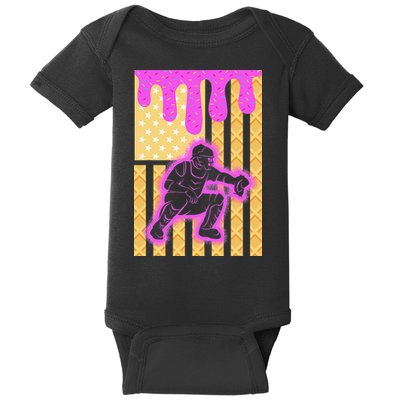 Baseball Drip Dripping Ice Cream Baseball American Flag Baby Bodysuit