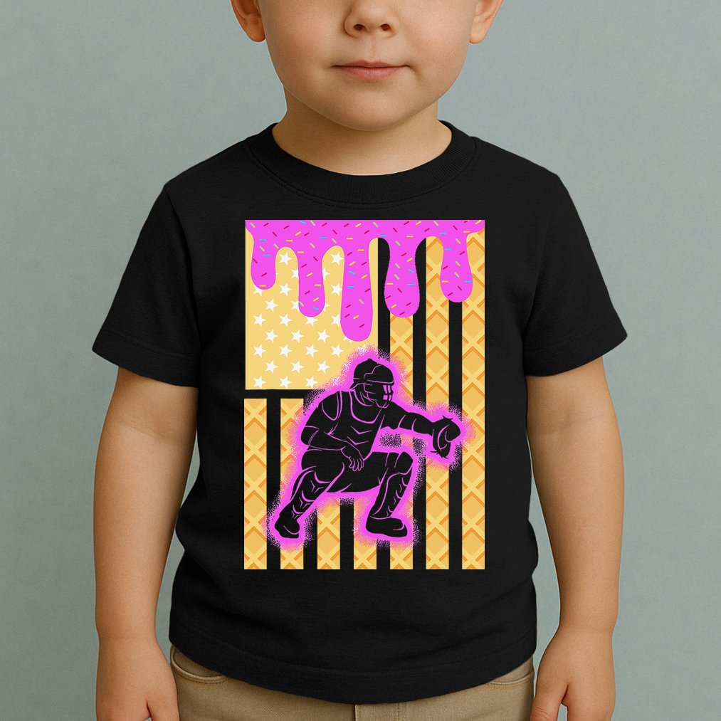 Baseball Drip Dripping Ice Cream Baseball American Flag Toddler T-Shirt