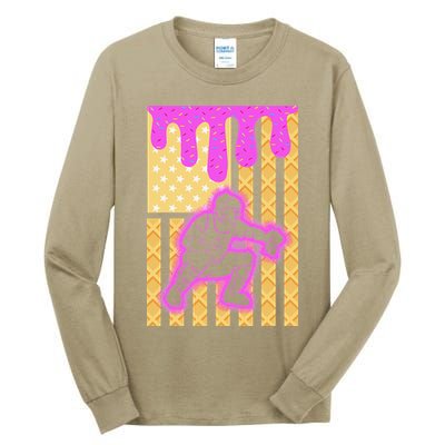Baseball Drip Dripping Ice Cream Baseball American Flag Tall Long Sleeve T-Shirt