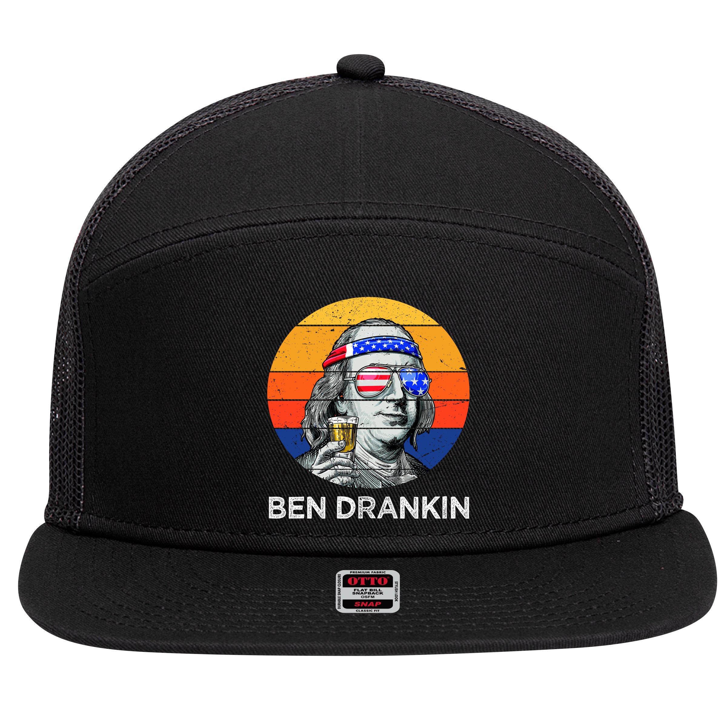 Ben Drankin Drinking Funny 4th Of July USA Merica America 7 Panel Mesh Trucker Snapback Hat