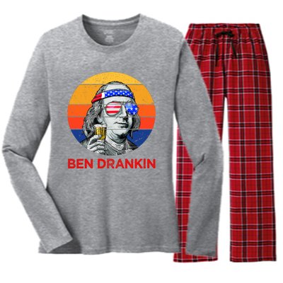 Ben Drankin Drinking Funny 4th Of July USA Merica America Women's Long Sleeve Flannel Pajama Set 