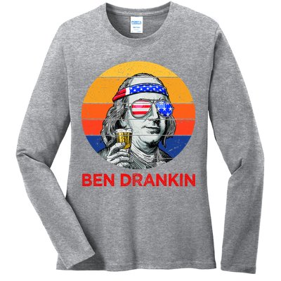 Ben Drankin Drinking Funny 4th Of July USA Merica America Ladies Long Sleeve Shirt