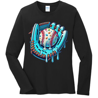 Baseball Drip Design Ice Cream Sprinkles Baseball Player Ladies Long Sleeve Shirt