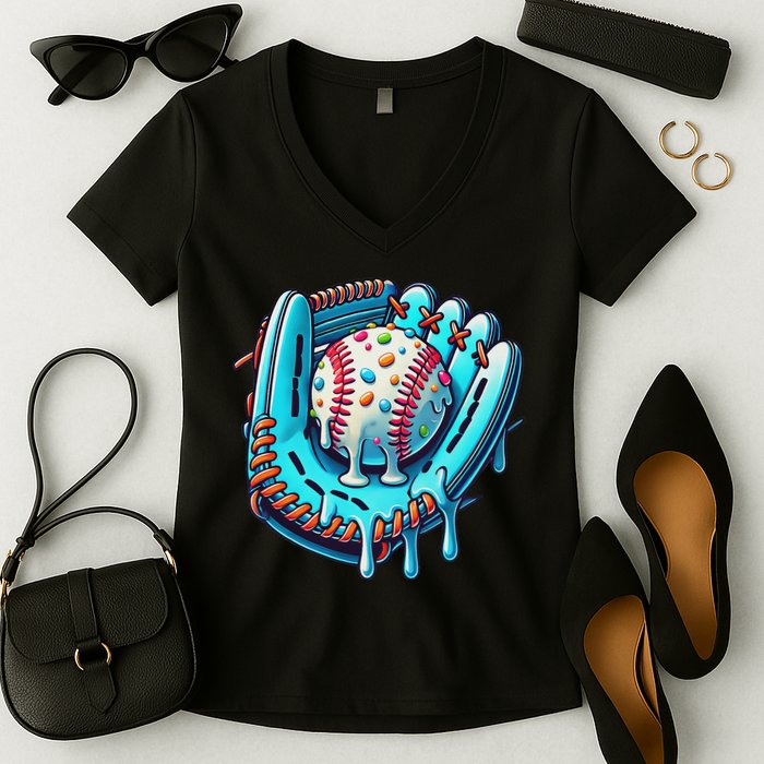 Baseball Drip Design Ice Cream Sprinkles Baseball Player Women's V-Neck T-Shirt