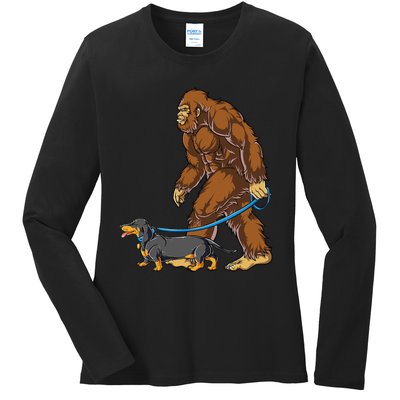 Bigfoot Dachshund Dog Walk Funny Sasquatch Lovers Ladies Long Sleeve Shirt