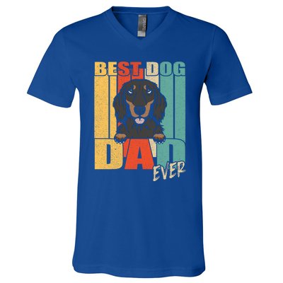 Best Dog Dad Ever Black And Tan Longhaired Dachshund Lover Meaningful Gift V-Neck T-Shirt