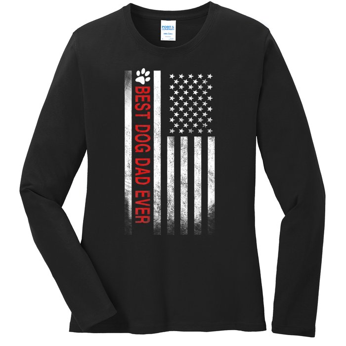 Best Dog Dad Ever American Flag Ladies Long Sleeve Shirt