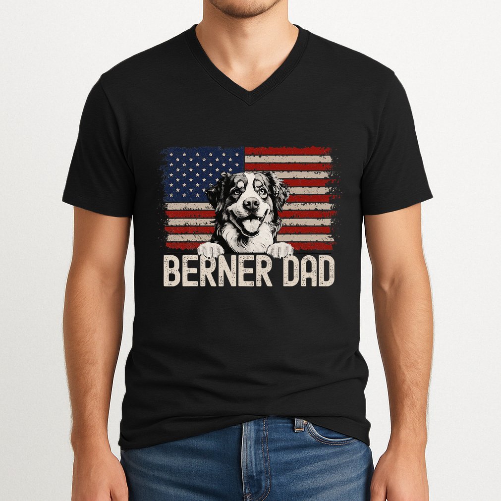 Best Dog Dad Ever American Flag Berner Dad V-Neck T-Shirt