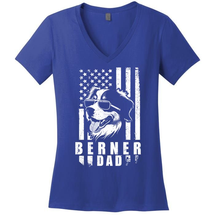 Berner Dog Dad American Flag Funny Gift For Best Father Daddy Great Gift Women's V-Neck T-Shirt