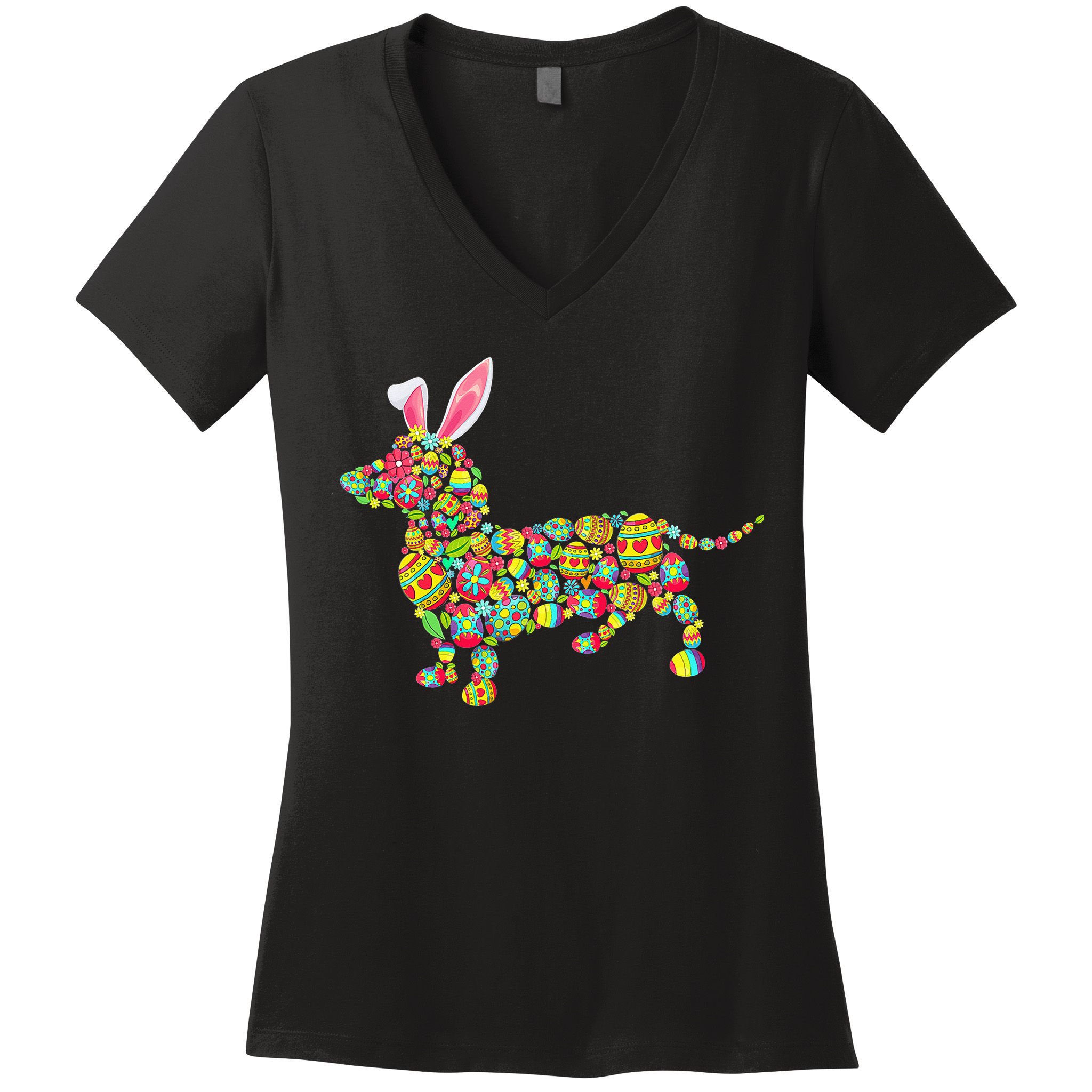Bunny Dachshund Dog Shape Hunting Eggs Women's V-Neck T-Shirt