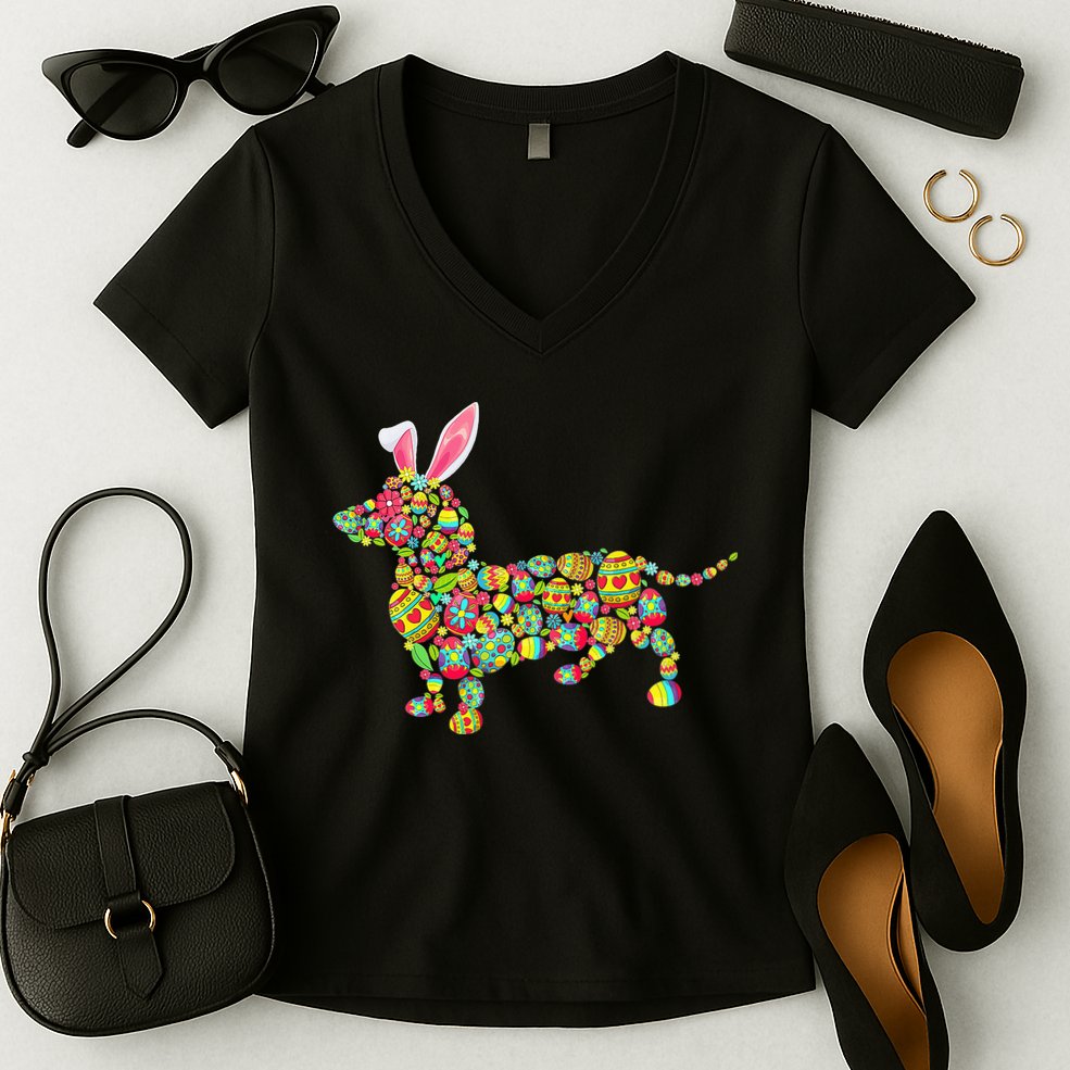 Bunny Dachshund Dog Shape Hunting Eggs Women's V-Neck T-Shirt