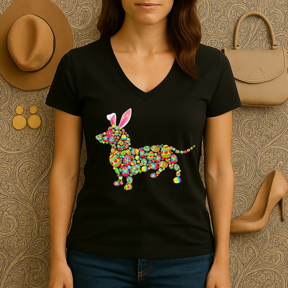 Bunny Dachshund Dog Shape Hunting Eggs Women's V-Neck T-Shirt