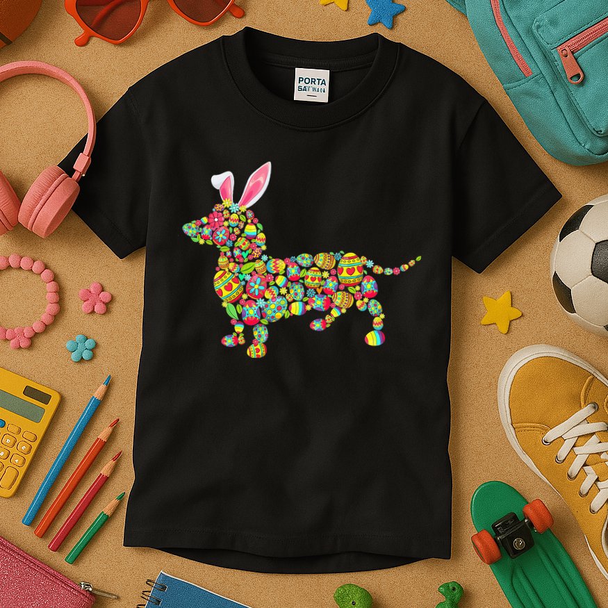 Bunny Dachshund Dog Shape Hunting Eggs Kids T-Shirt