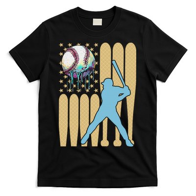Baseball Drip Dripping Ice Cream Baseball American Flag T-Shirt
