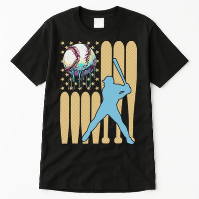 Baseball Drip Dripping Ice Cream Baseball American Flag Tall T-Shirt