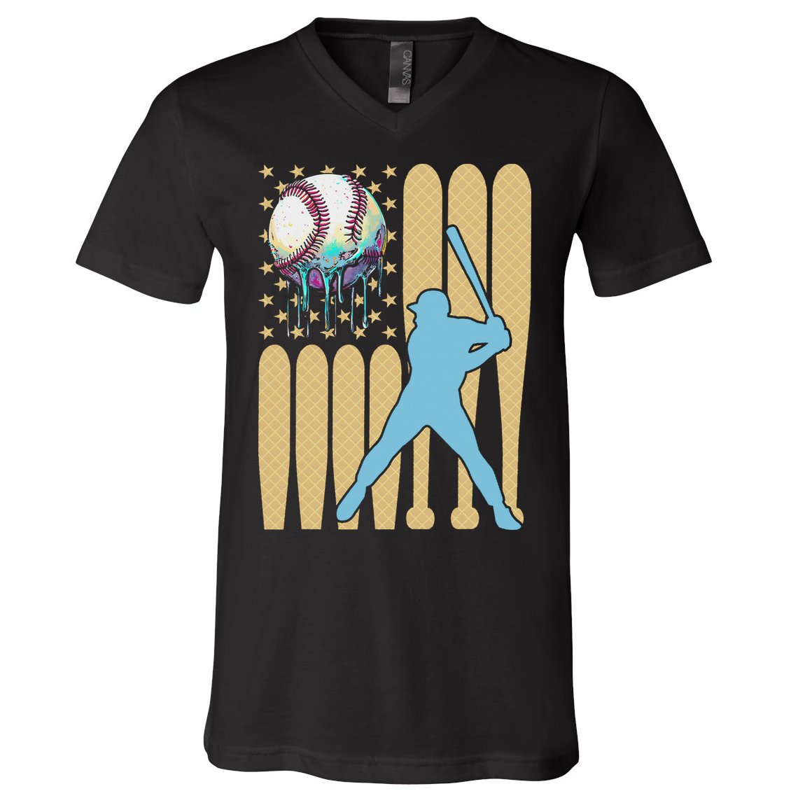 Baseball Drip Dripping Ice Cream Baseball American Flag V-Neck T-Shirt