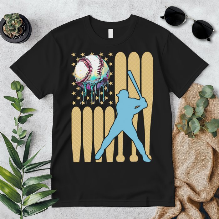 Baseball Drip Dripping Ice Cream Baseball American Flag Premium T-Shirt