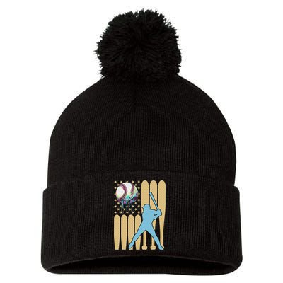 Baseball Drip Dripping Ice Cream Baseball American Flag Pom Pom 12in Knit Beanie