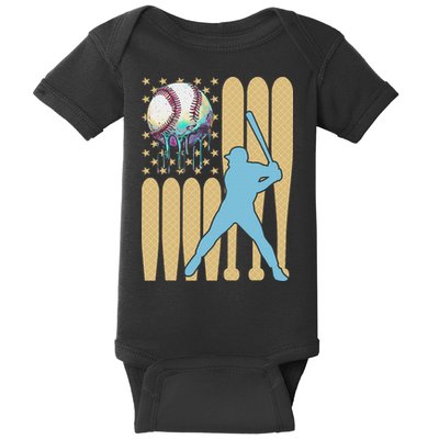 Baseball Drip Dripping Ice Cream Baseball American Flag Baby Bodysuit