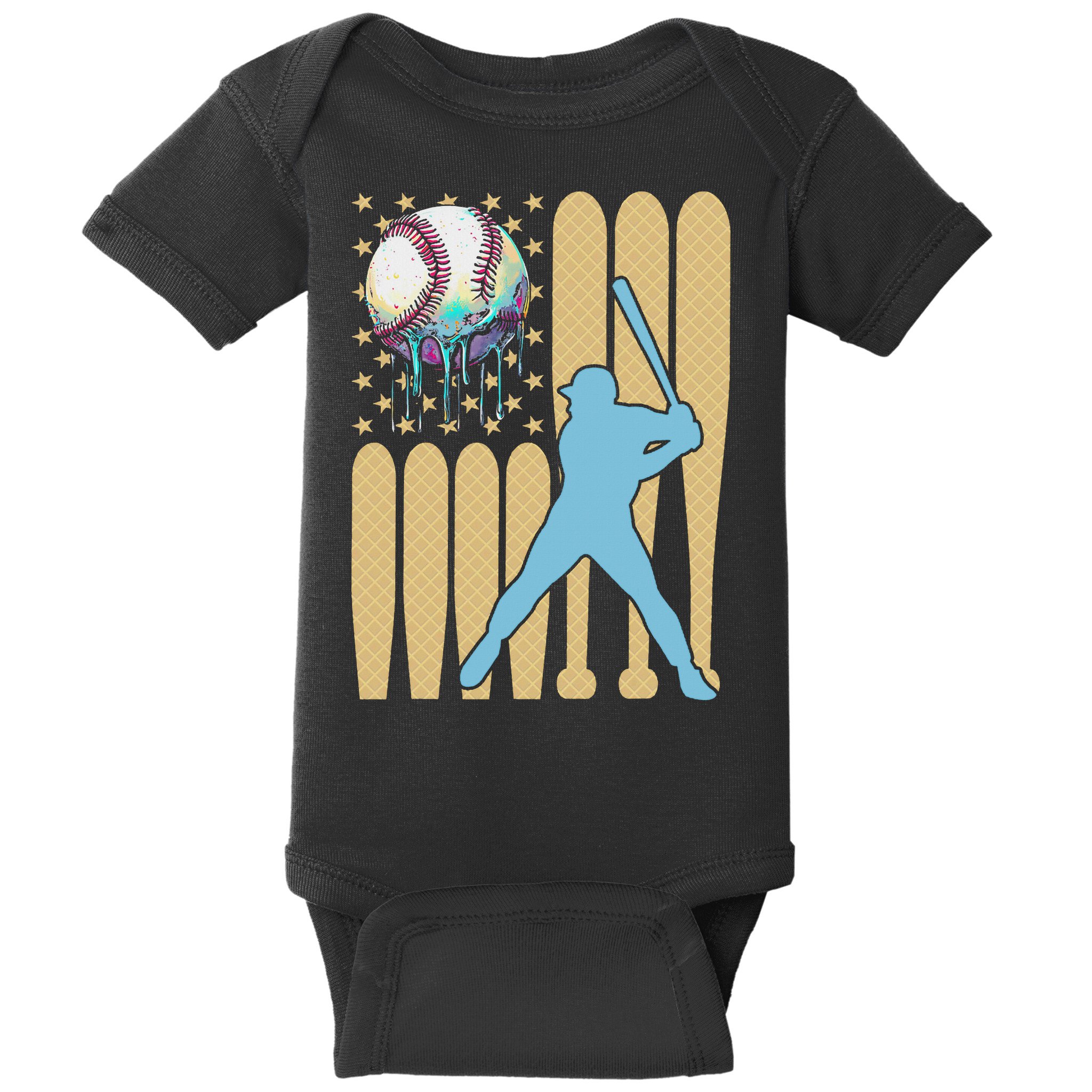 Baseball Drip Dripping Ice Cream Baseball American Flag Baby Bodysuit