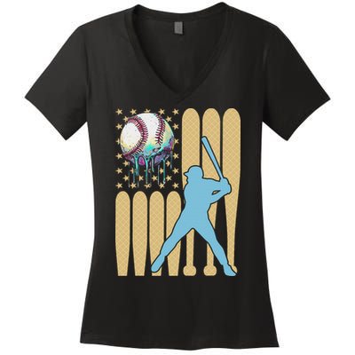 Baseball Drip Dripping Ice Cream Baseball American Flag Women's V-Neck T-Shirt