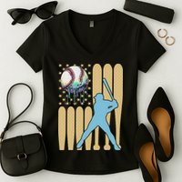 Baseball Drip Dripping Ice Cream Baseball American Flag Women's V-Neck T-Shirt