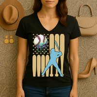 Baseball Drip Dripping Ice Cream Baseball American Flag Women's V-Neck T-Shirt