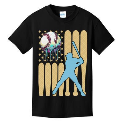 Baseball Drip Dripping Ice Cream Baseball American Flag Kids T-Shirt