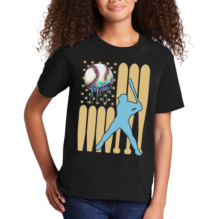 Baseball Drip Dripping Ice Cream Baseball American Flag Kids T-Shirt