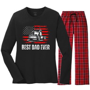 Best Dad Ever American Flag Best Trucker Dad Fathers Day Women's Long Sleeve Flannel Pajama Set 