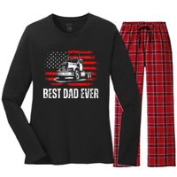 Best Dad Ever American Flag Best Trucker Dad Fathers Day Women's Long Sleeve Flannel Pajama Set 