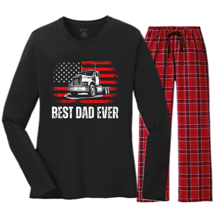 Best Dad Ever American Flag Best Trucker Dad Fathers Day Women's Long Sleeve Flannel Pajama Set 