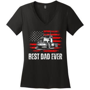 Best Dad Ever American Flag Best Trucker Dad Fathers Day Women's V-Neck T-Shirt