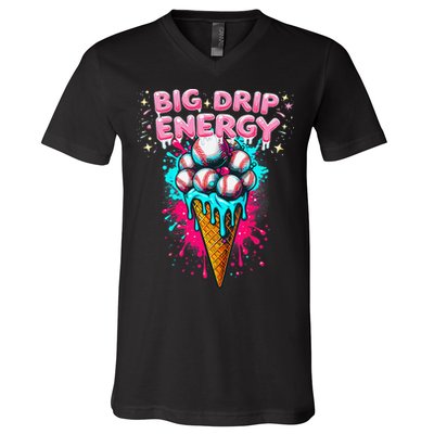 Big Drip Energy Ice Cream Baseball Funny Summer Vibes V-Neck T-Shirt