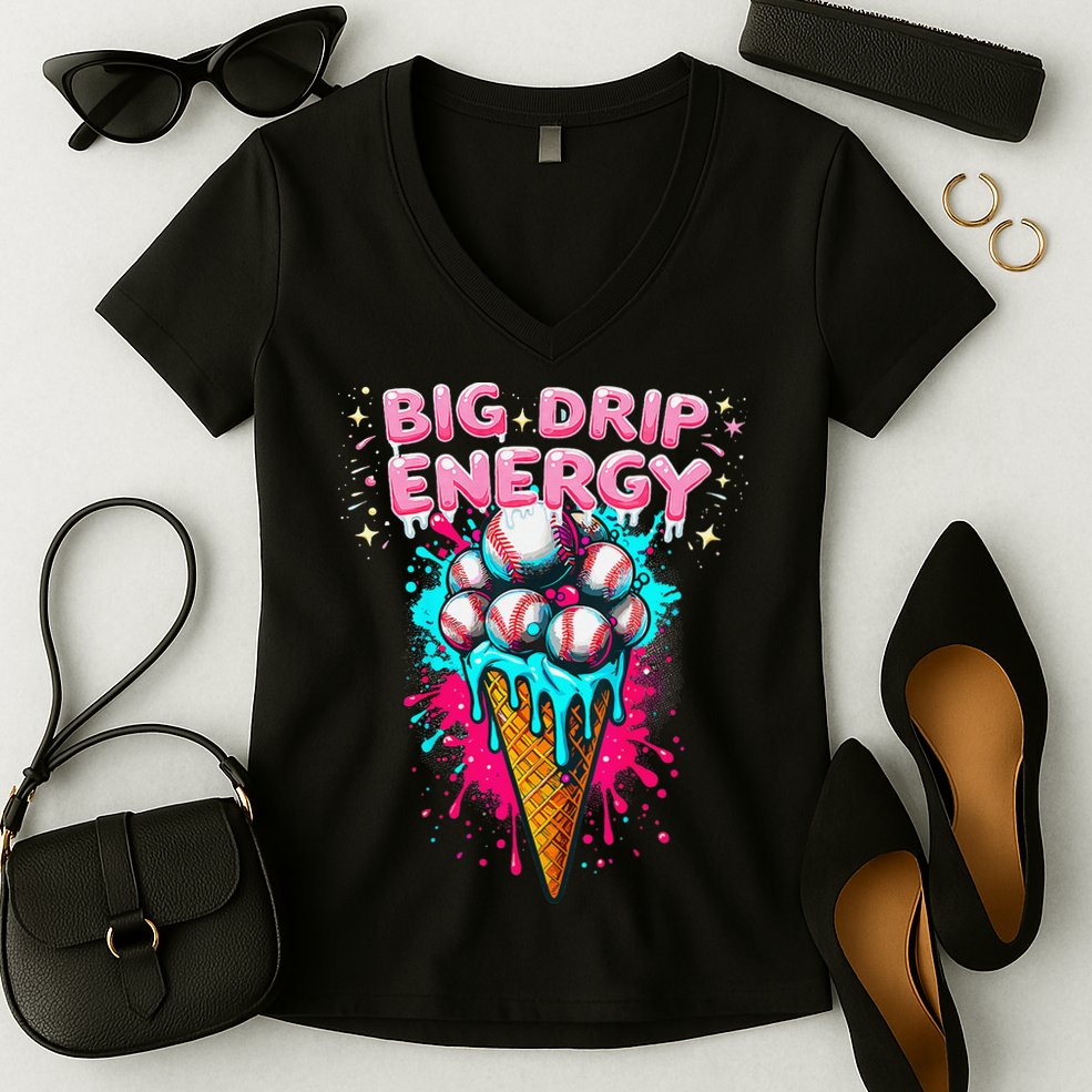 Big Drip Energy Ice Cream Baseball Funny Summer Vibes Women's V-Neck T-Shirt