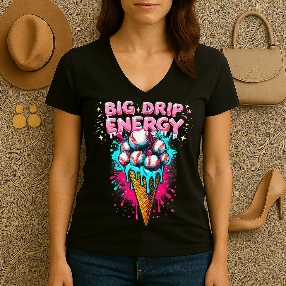Big Drip Energy Ice Cream Baseball Funny Summer Vibes Women's V-Neck T-Shirt