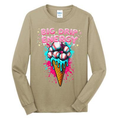 Big Drip Energy Ice Cream Baseball Funny Summer Vibes Tall Long Sleeve T-Shirt