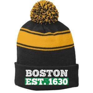 Boston Distressed Est. 1630 Stripe Pom Pom Beanie