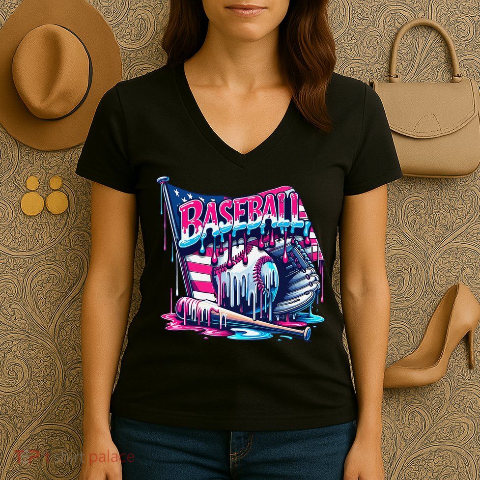 Baseball Drip For Ice Cream Drip Bat Baseball Women's V-Neck T-Shirt