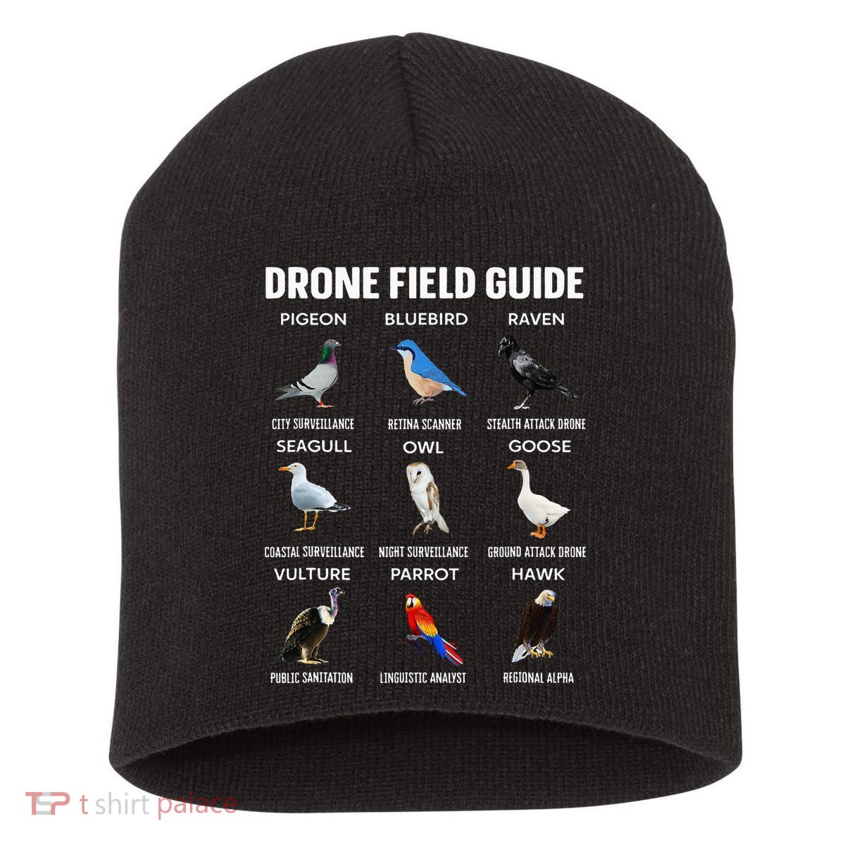 Birds Drone Field Guide They Aren’T Real Short Acrylic Beanie