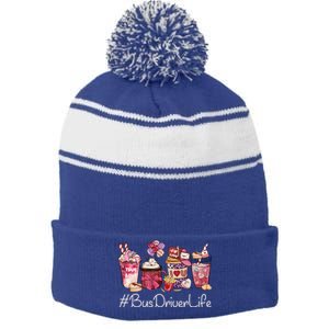 Bus Driver Funny Coffee Hearts Happy Valentines Day Gift Stripe Pom Pom Beanie