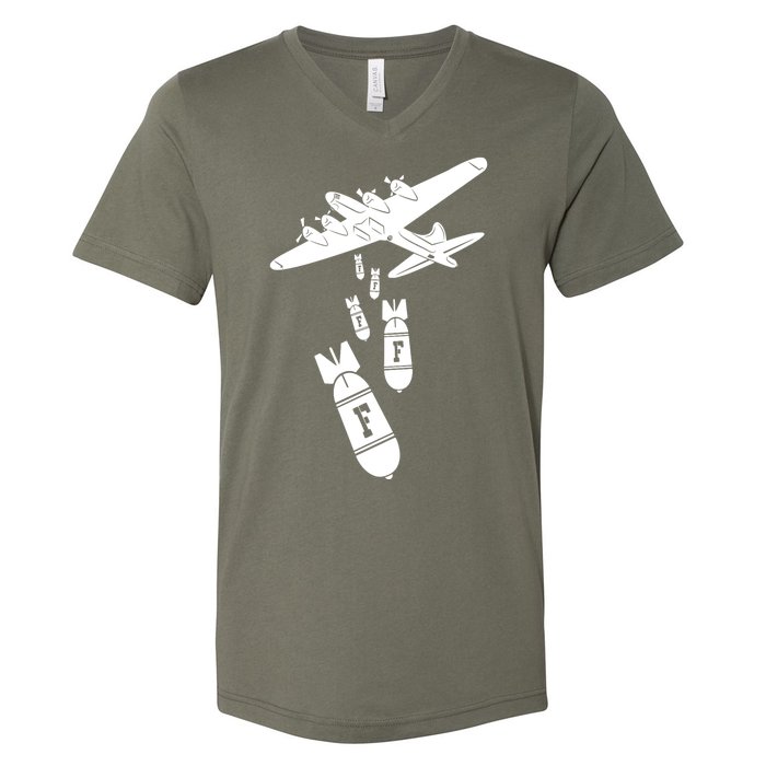 Bomber Dropping F Bombs Funny V-Neck T-Shirt