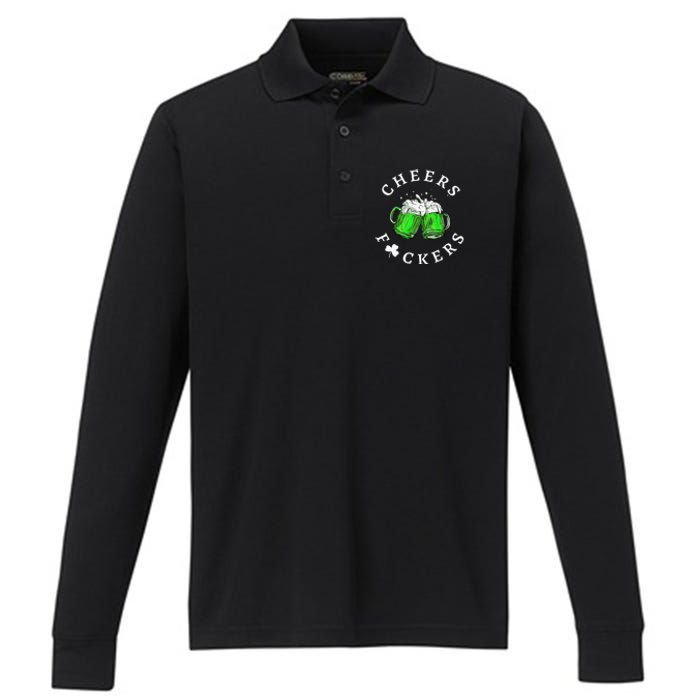 Beer Drinking Funny Cheers Fckers' St Patricks Day Performance Long Sleeve Polo