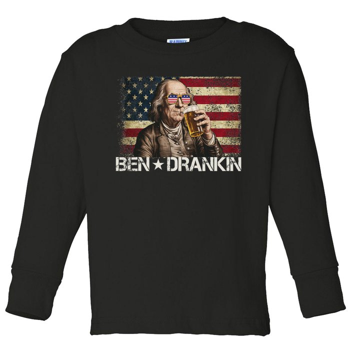 Ben Drankin Funny Beer 4th Of July Retro Usa Flag 4 July Toddler Long Sleeve Shirt