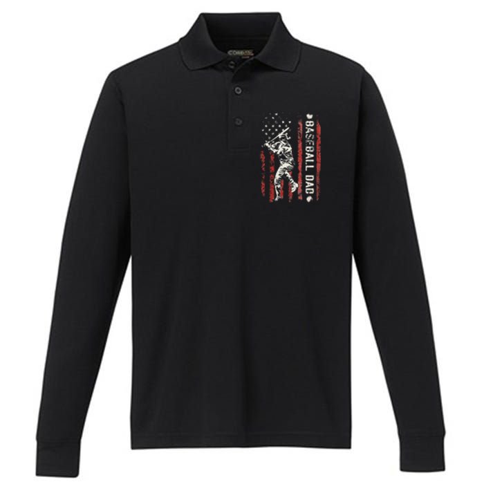 Baseball Dad Flag Gifts Dad Baseball Fathers Day Performance Long Sleeve Polo