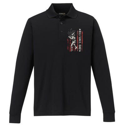 Baseball Dad Flag Gifts Dad Baseball Fathers Day Performance Long Sleeve Polo