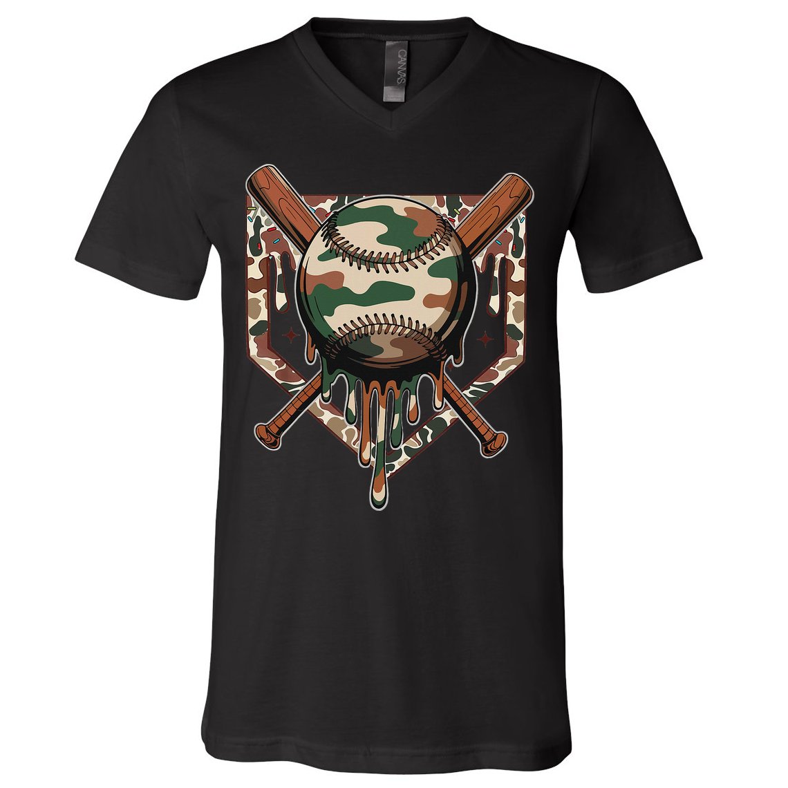 Baseball Drip For Ice Cream Dripping Baseball Camo V-Neck T-Shirt