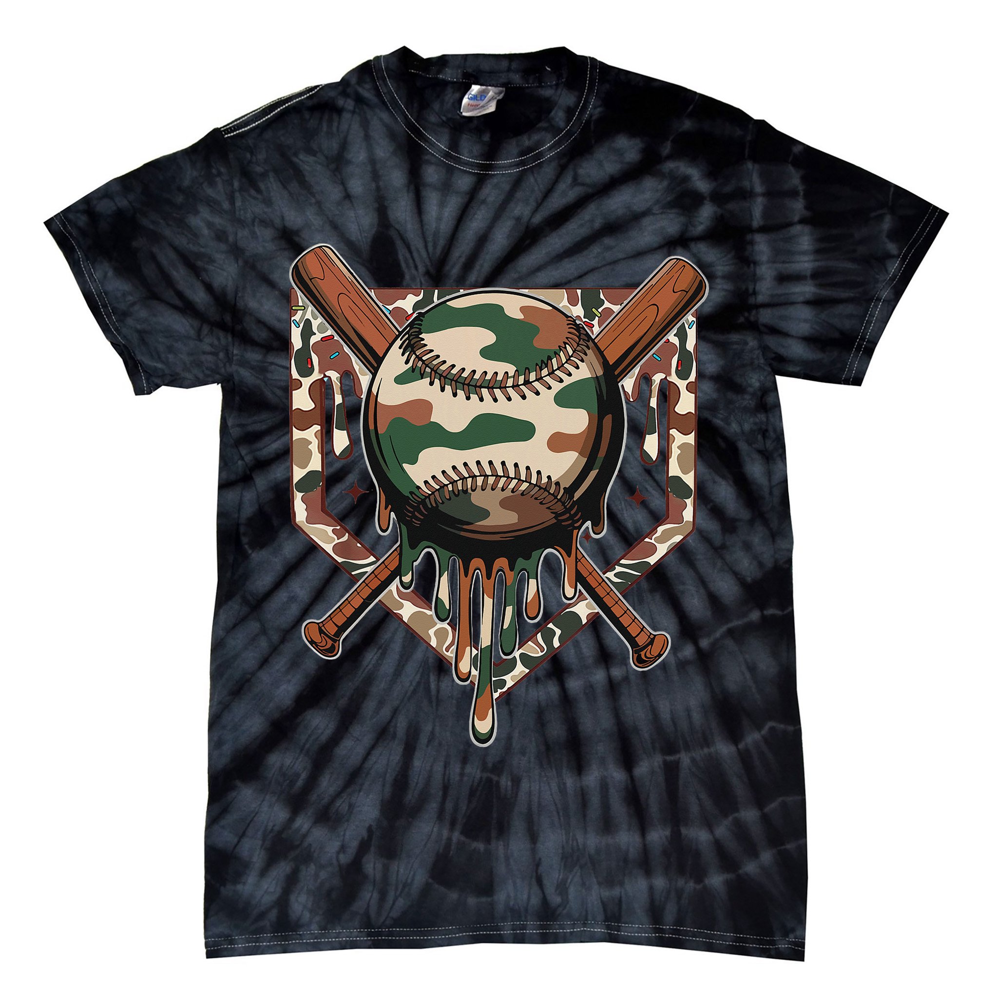 Baseball Drip For Ice Cream Dripping Baseball Camo Tie-Dye T-Shirt